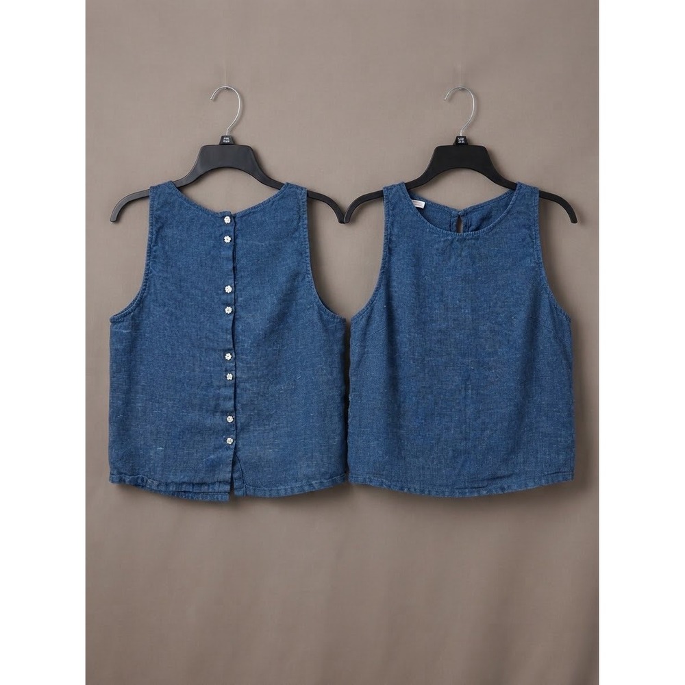 Halston Womens Blue 100% Linen Sleeveless Back Button Flower Detail Tank Top XL